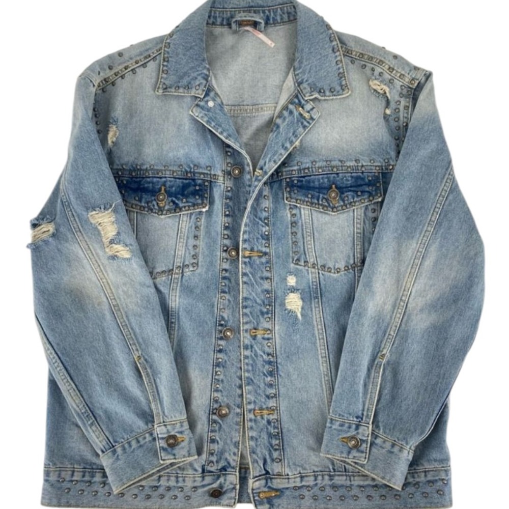 Free People Studded Distressed Ripped Denim Trucker Jacket Boho Western